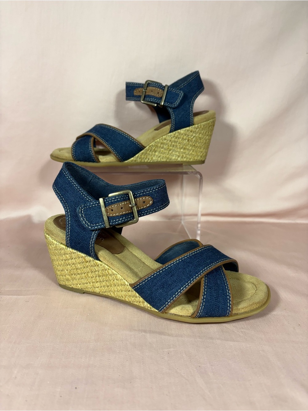 Clarks Blue Denim Wedge Sandals with Straw Espadrille Heel